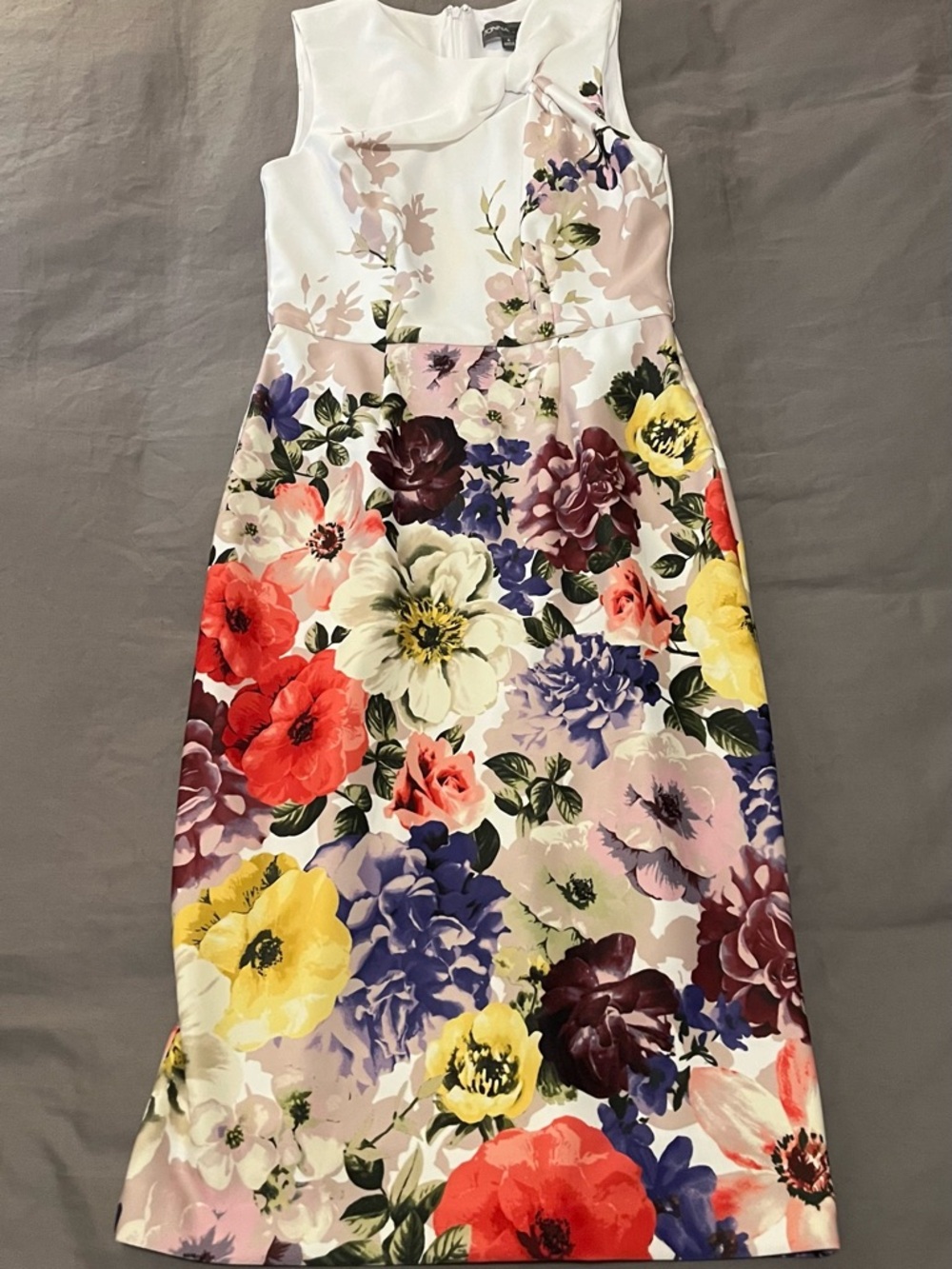 Donna Ricco Floral Sheath Midi Dress Sleeveless Size 4 White Multicolor Satin